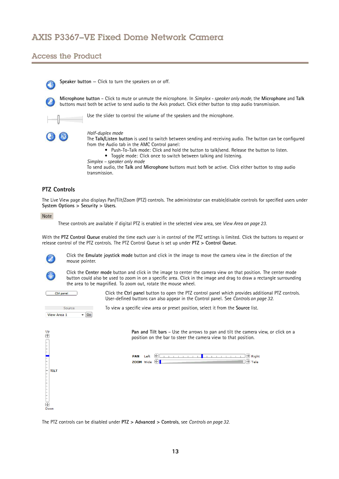 Axis Communications P3367VE user manual PTZ Controls, Speaker button Click to turn the speakers on or off 