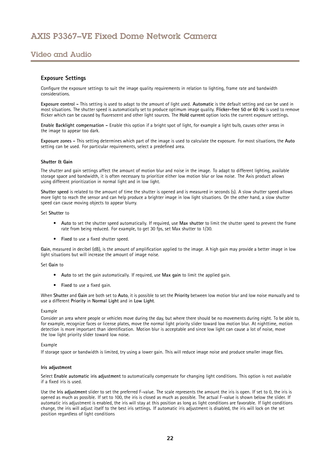 Axis Communications P3367VE user manual Exposure Settings, Shutter & Gain, Set Shutter to, Iris adjustment 