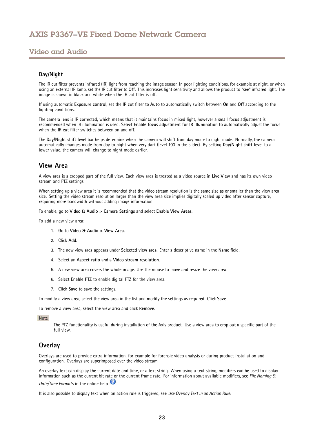 Axis Communications P3367VE user manual Overlay, Day/Night, Go to Video & Audio View Area 