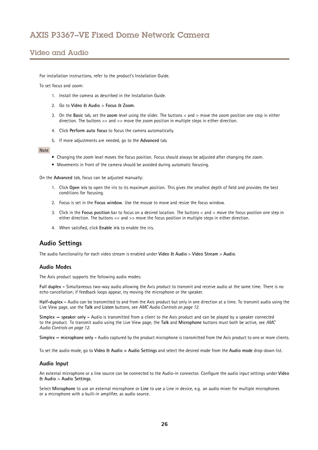 Axis Communications P3367VE user manual Audio Settings, Audio Modes, Audio Input, Go to Video & Audio Focus & Zoom 