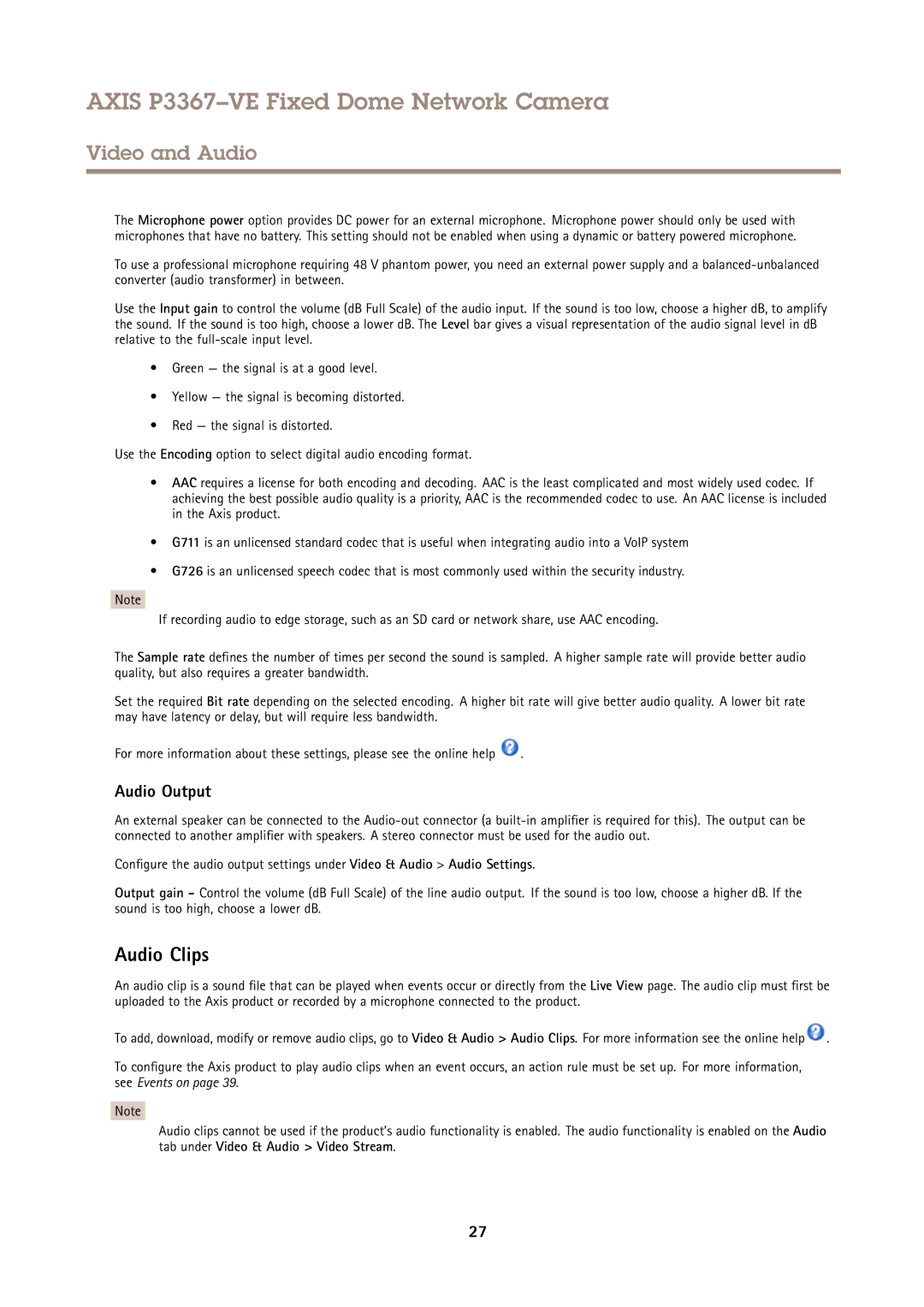 Axis Communications P3367VE user manual Audio Clips, Audio Output 