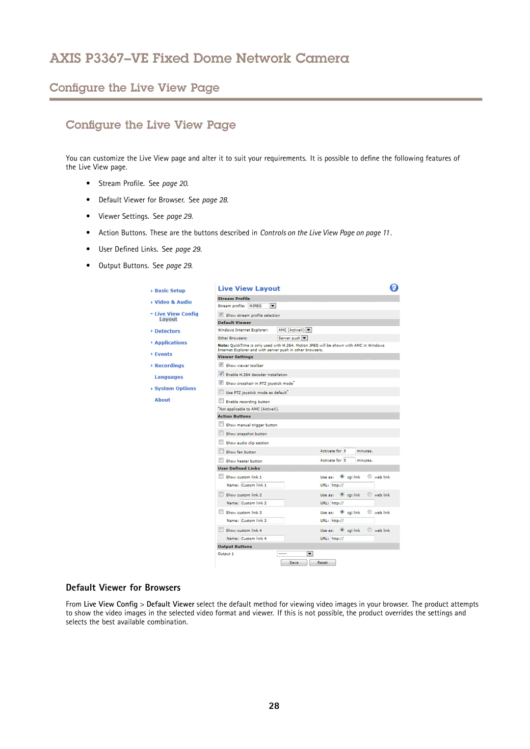 Axis Communications P3367VE user manual Configure the Live View, Default Viewer for Browsers 