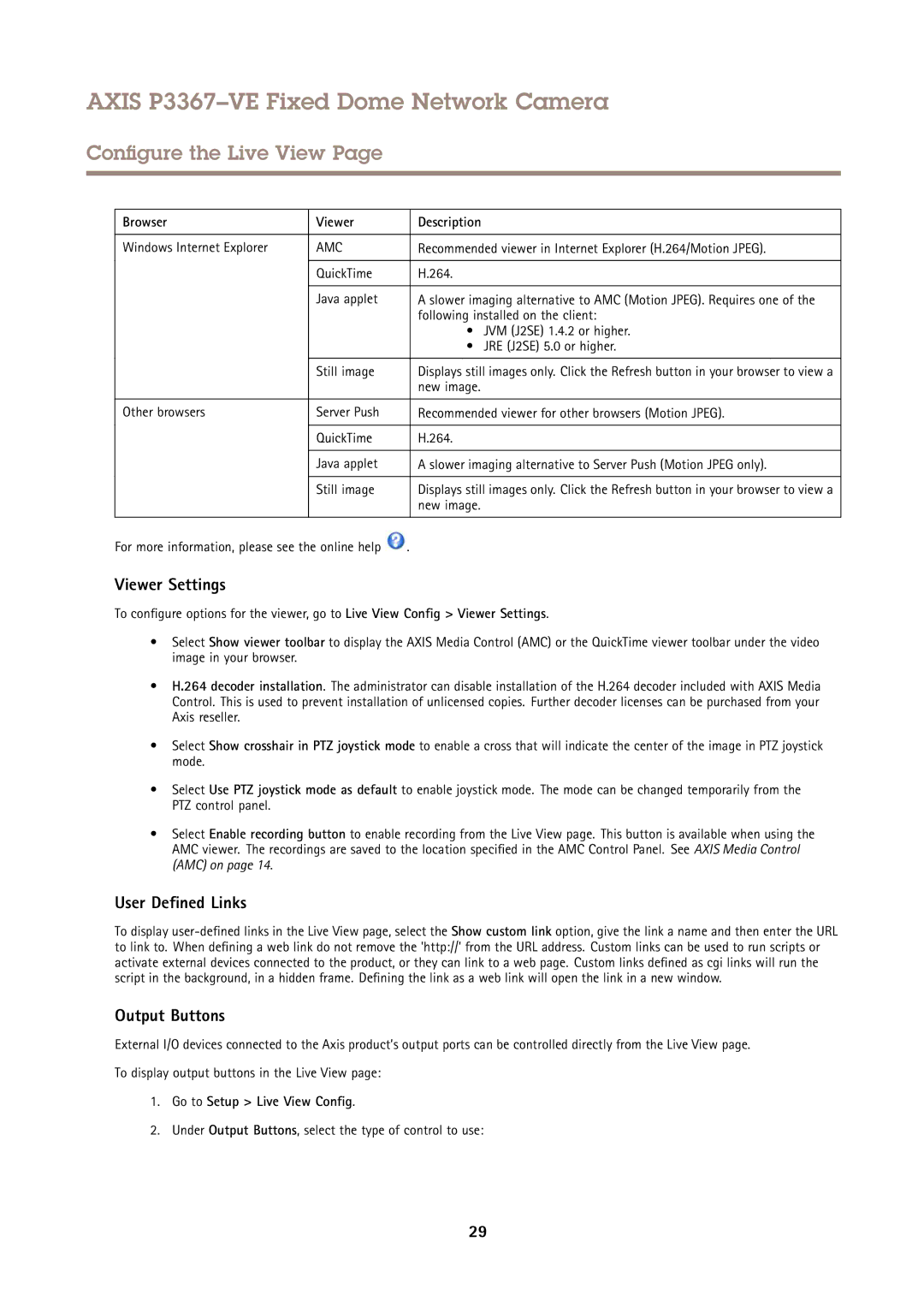 Axis Communications P3367VE user manual Viewer Settings, User Defined Links, Output Buttons, Browser Viewer Description 