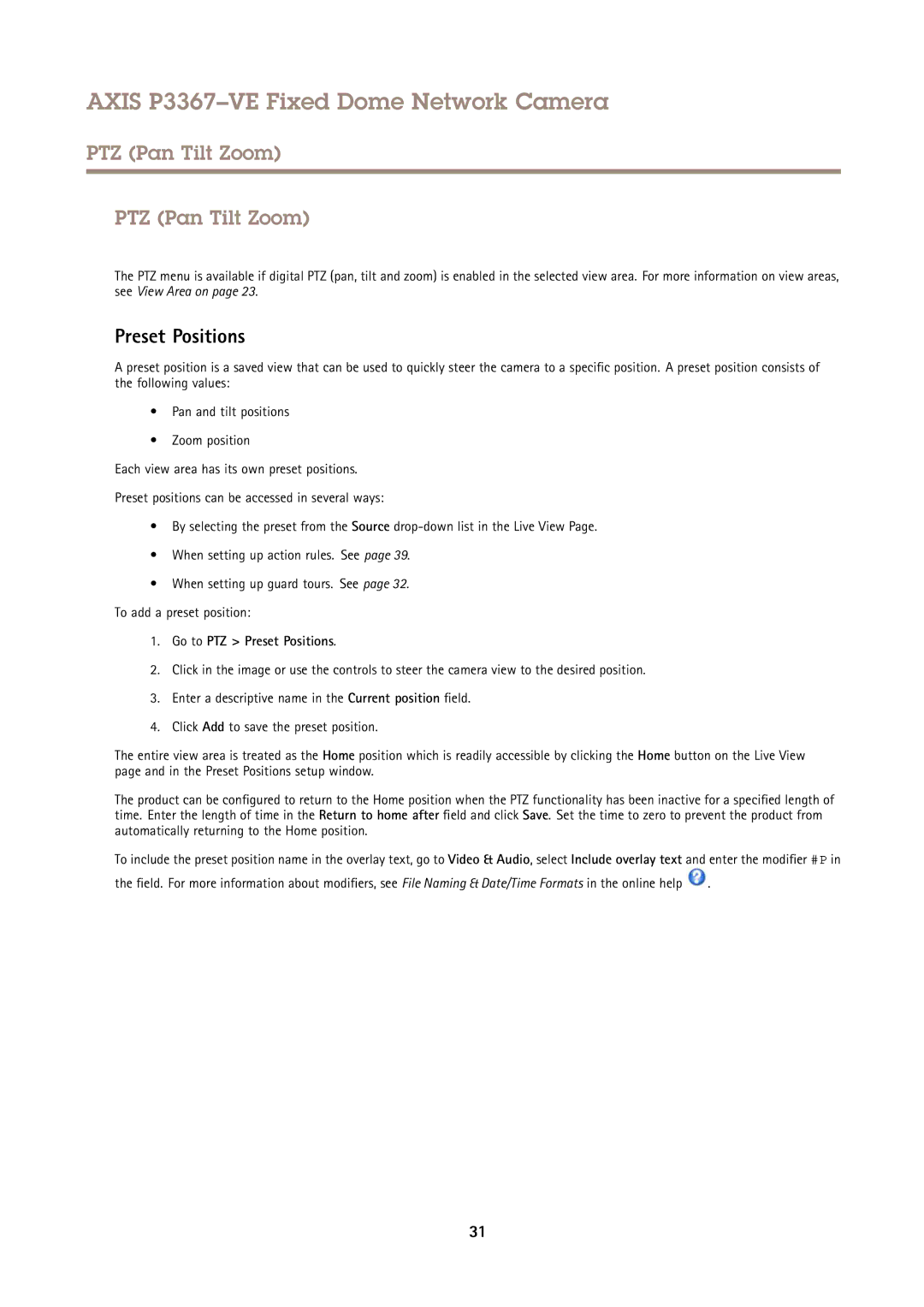 Axis Communications P3367VE user manual PTZ Pan Tilt Zoom, Go to PTZ Preset Positions 