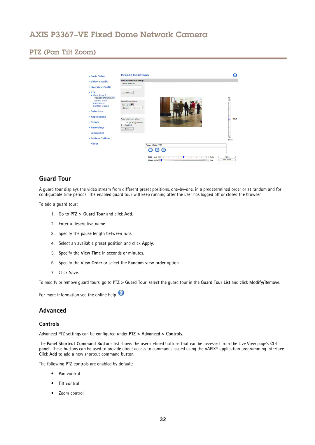Axis Communications P3367VE user manual Advanced, Controls, To add a guard tour, Go to PTZ Guard Tour and click Add 