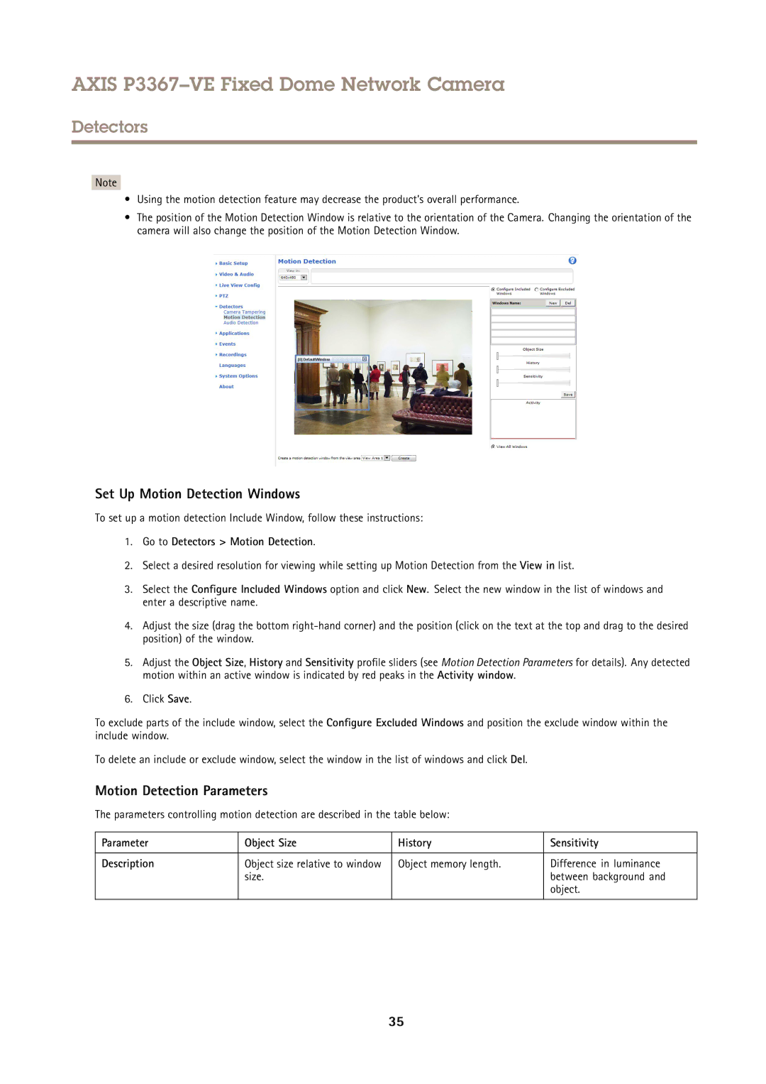 Axis Communications P3367VE Set Up Motion Detection Windows, Motion Detection Parameters, Go to Detectors Motion Detection 
