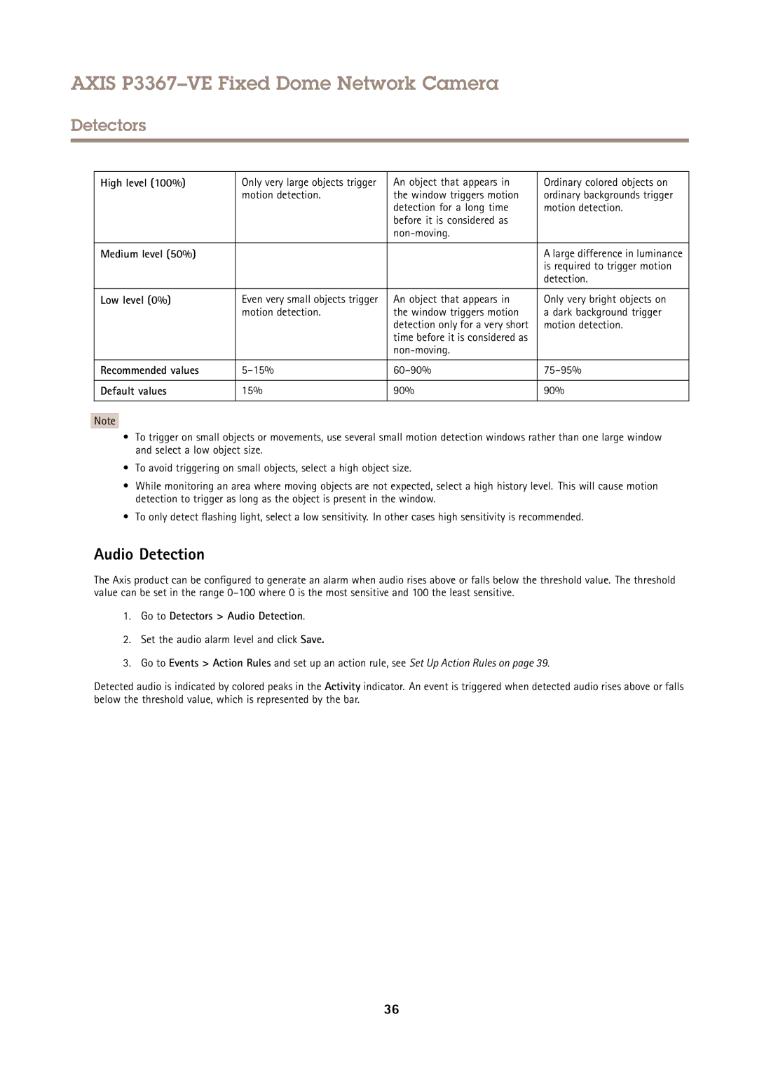 Axis Communications P3367VE user manual Audio Detection 