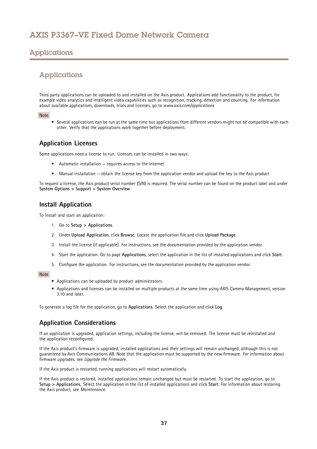 Axis Communications P3367VE user manual Applications, Application Licenses, Install Application, Application Considerations 