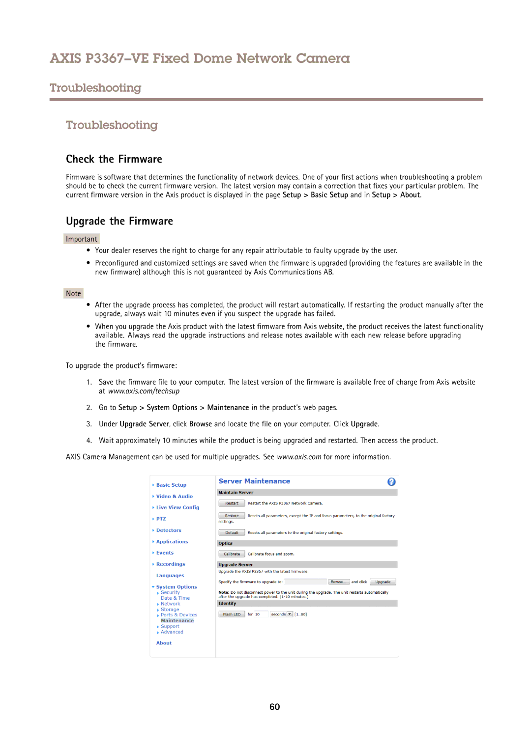 Axis Communications P3367VE user manual Troubleshooting, Check the Firmware, Upgrade the Firmware 