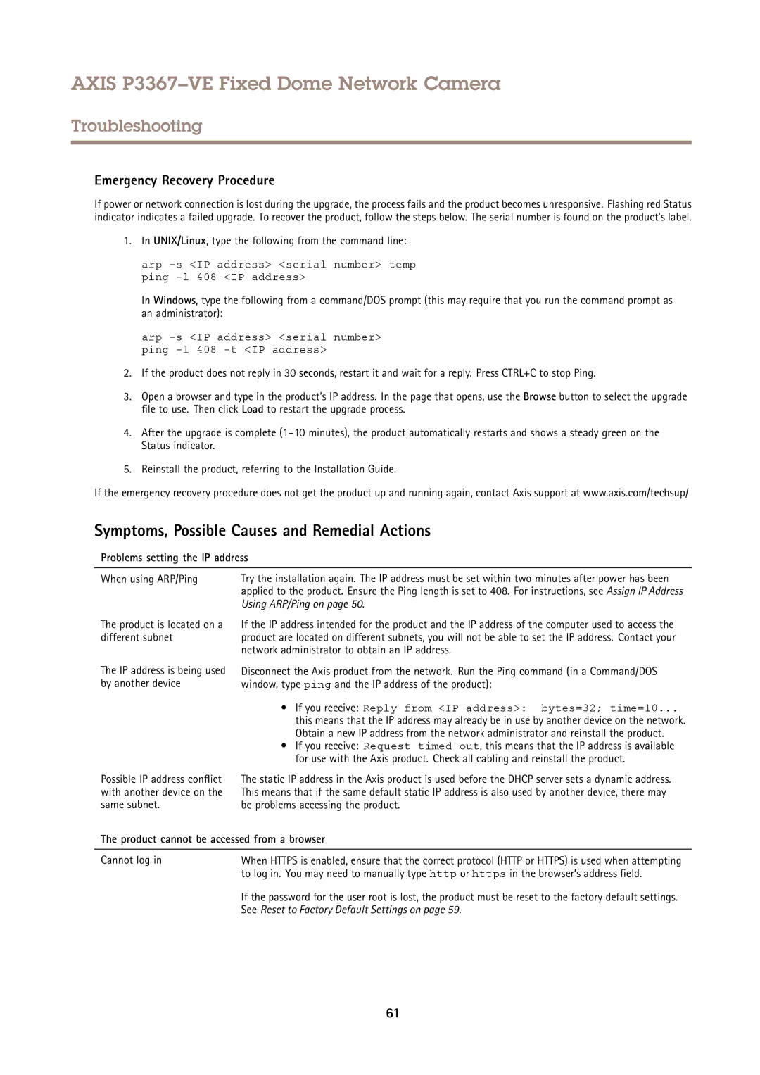 Axis Communications P3367VE user manual Symptoms, Possible Causes and Remedial Actions, Emergency Recovery Procedure 