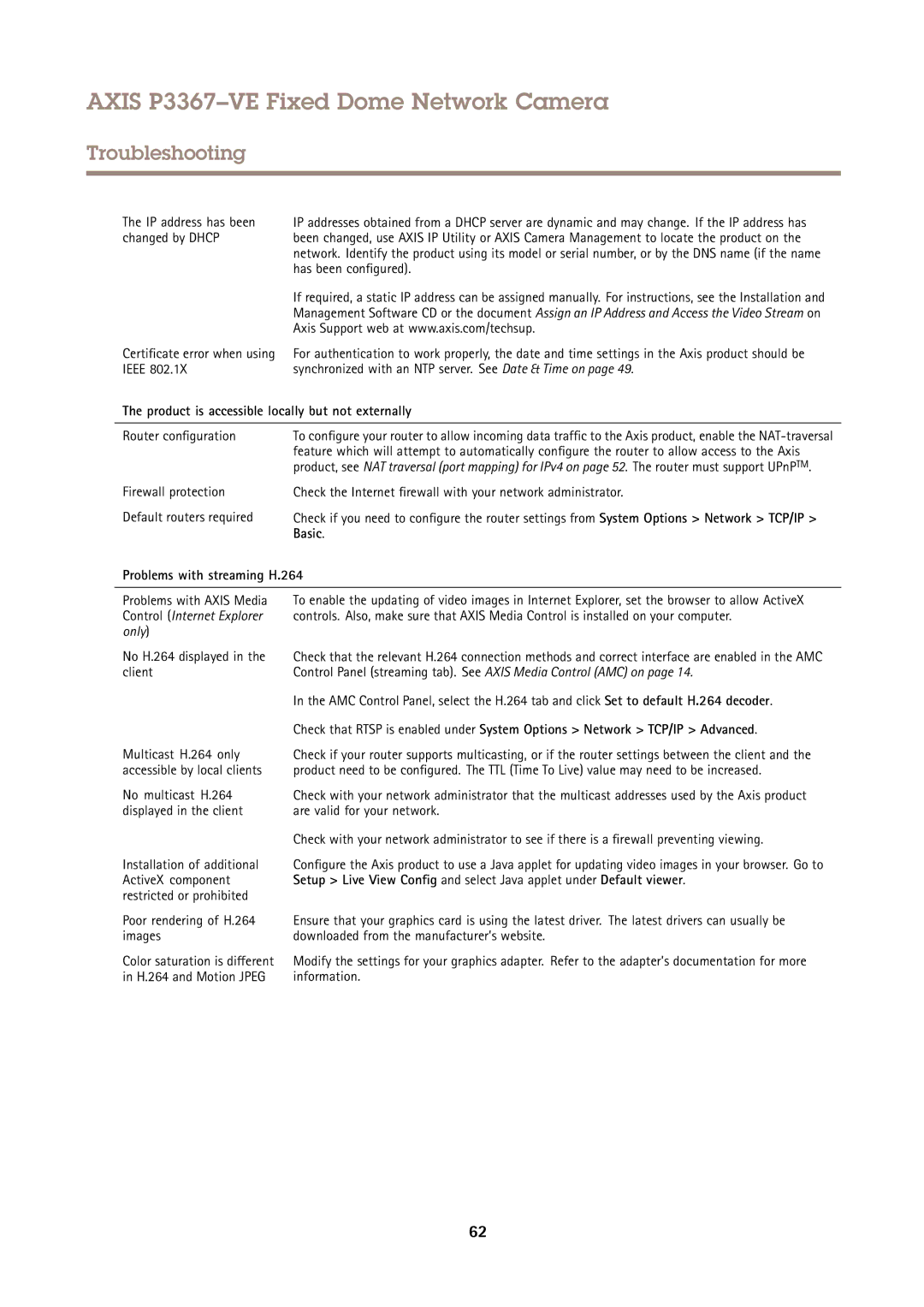 Axis Communications P3367VE Product is accessible locally but not externally, Basic, Problems with streaming H.264 