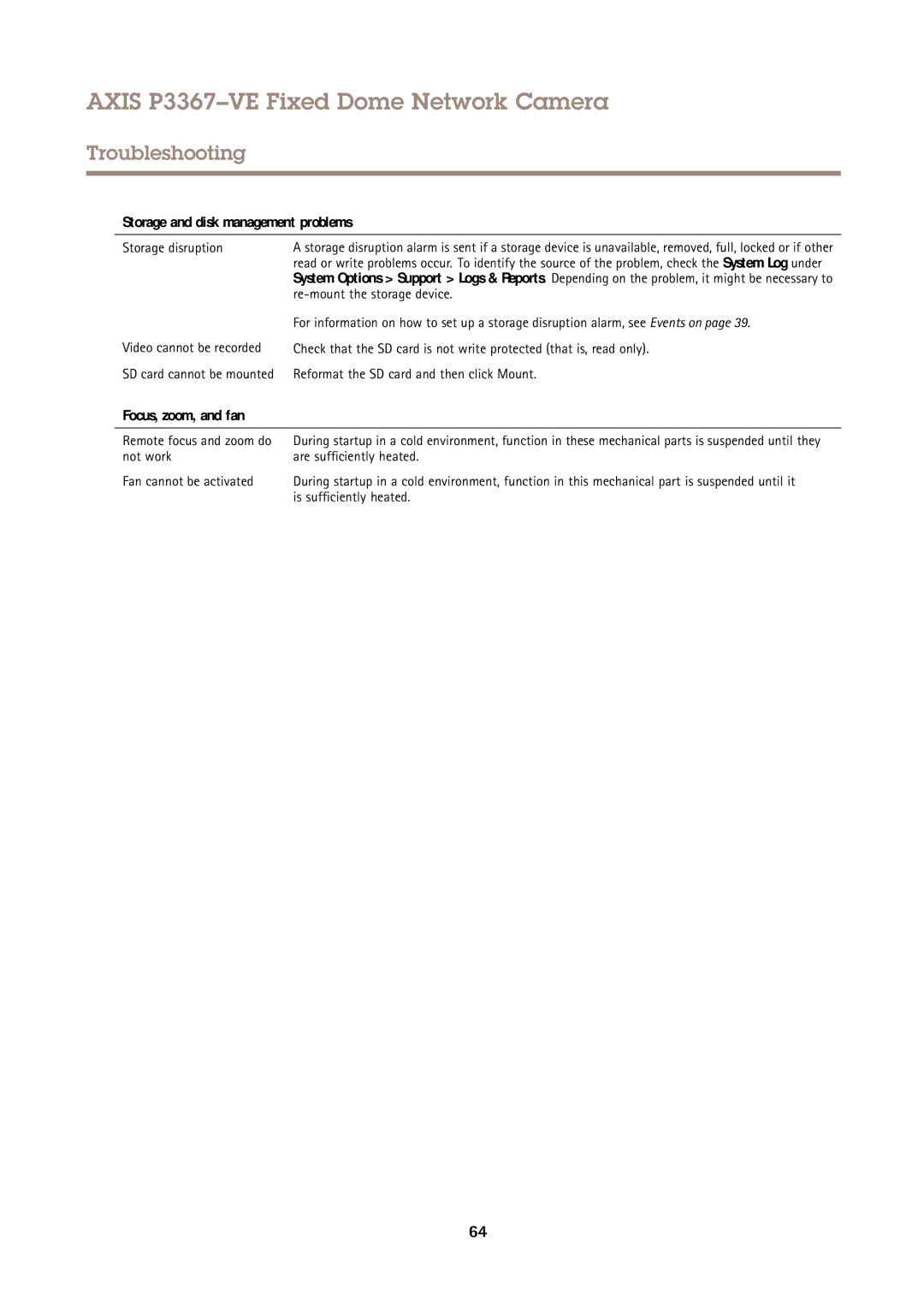 Axis Communications P3367VE user manual Storage and disk management problems, Focus, zoom, and fan 