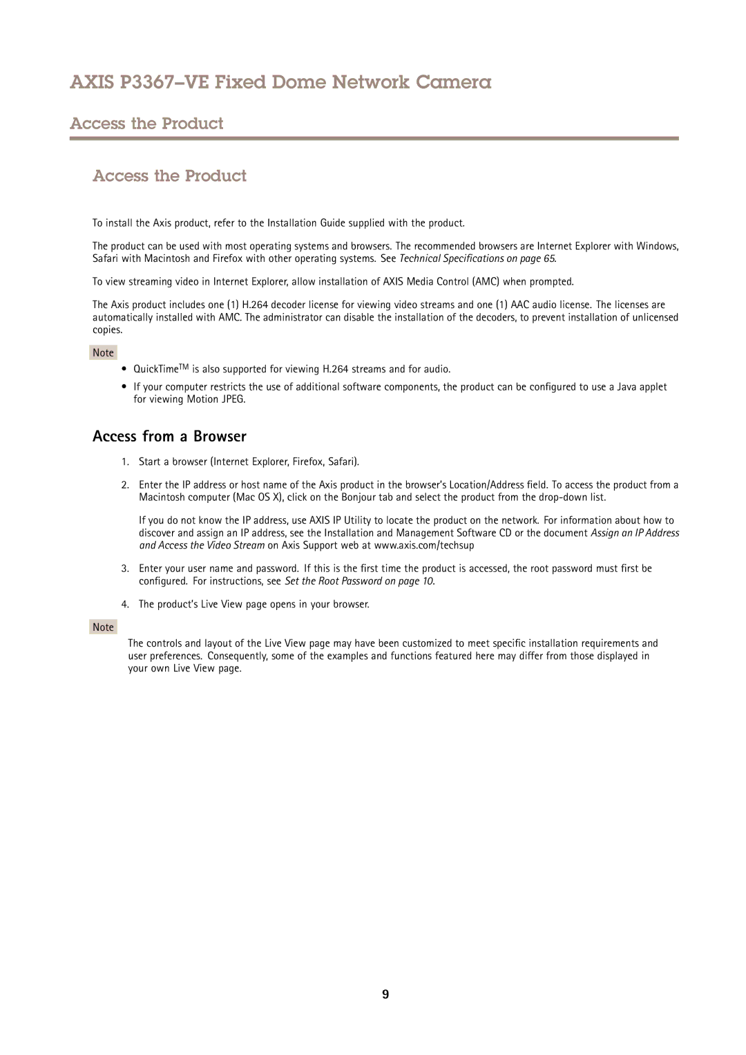 Axis Communications P3367VE Access the Product, Access from a Browser, Start a browser Internet Explorer, Firefox, Safari 