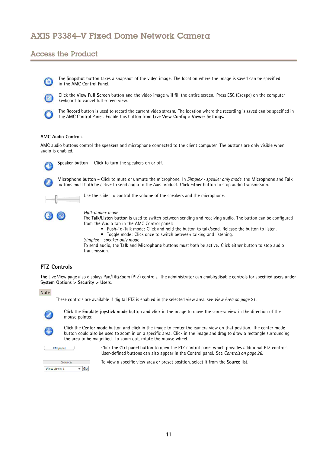 Axis Communications P3384-V user manual PTZ Controls, AMC Audio Controls 