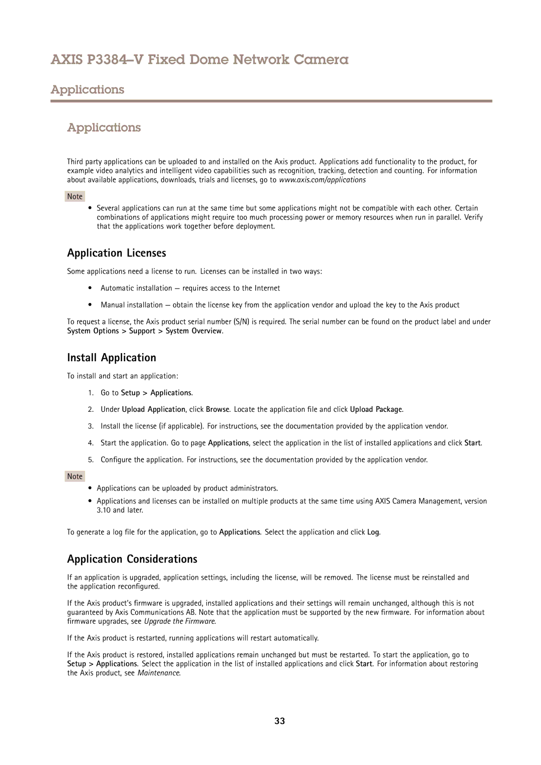 Axis Communications P3384-V user manual Applications, Application Licenses, Install Application, Application Considerations 