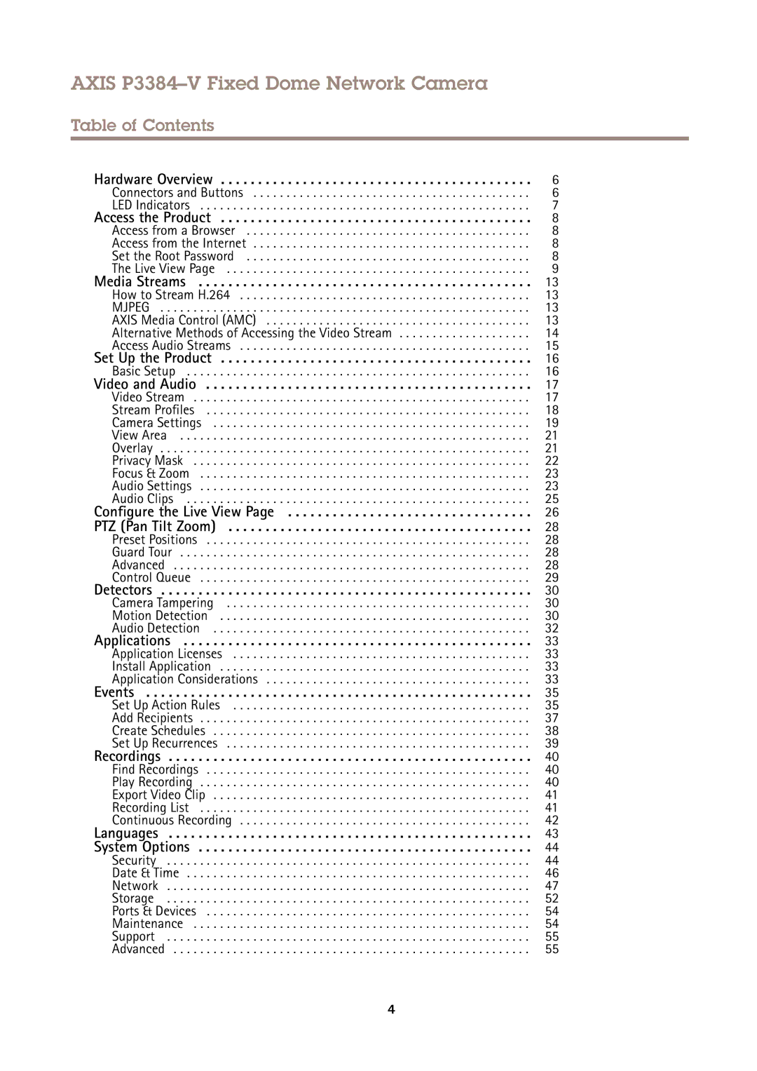 Axis Communications user manual Axis P3384-V Fixed Dome Network Camera, Table of Contents 