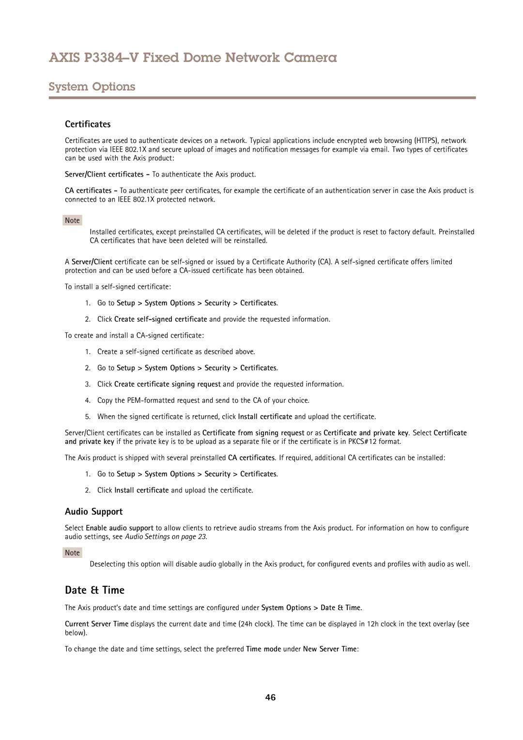 Axis Communications P3384-V user manual Date & Time, Audio Support, Go to Setup System Options Security Certificates 