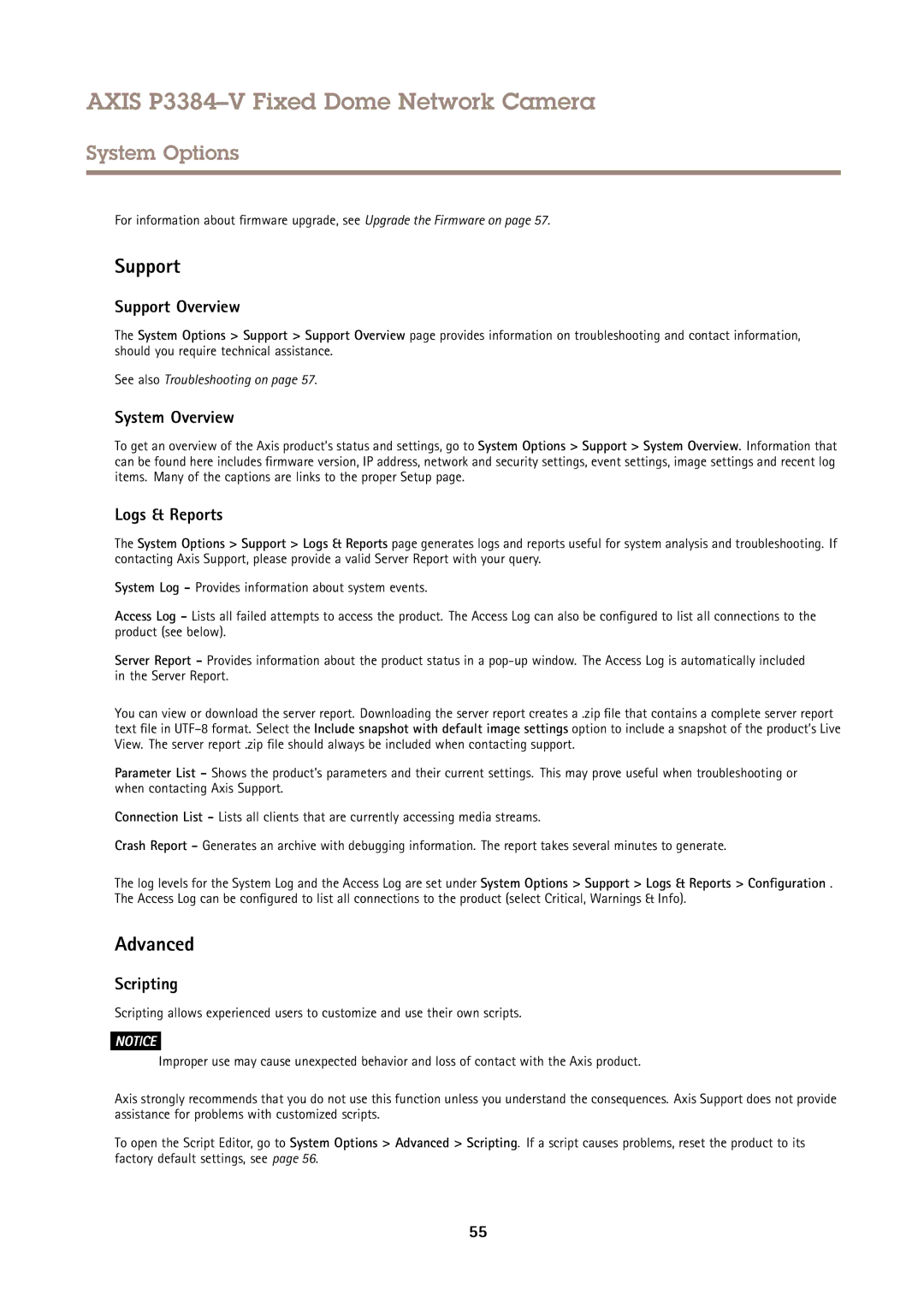 Axis Communications P3384-V user manual Support Overview, System Overview, Logs & Reports, Scripting 