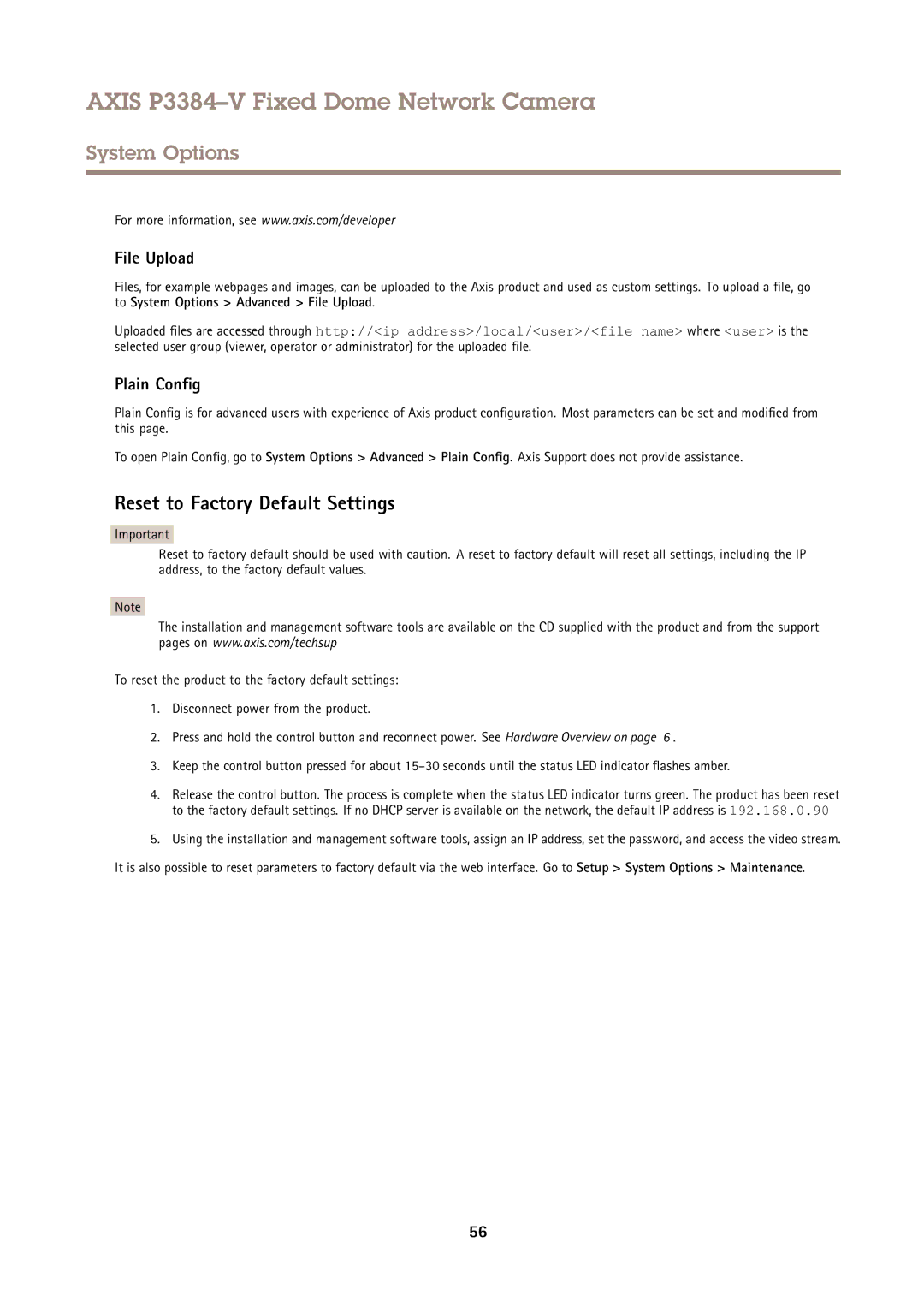 Axis Communications P3384-V user manual Reset to Factory Default Settings, File Upload, Plain Config 