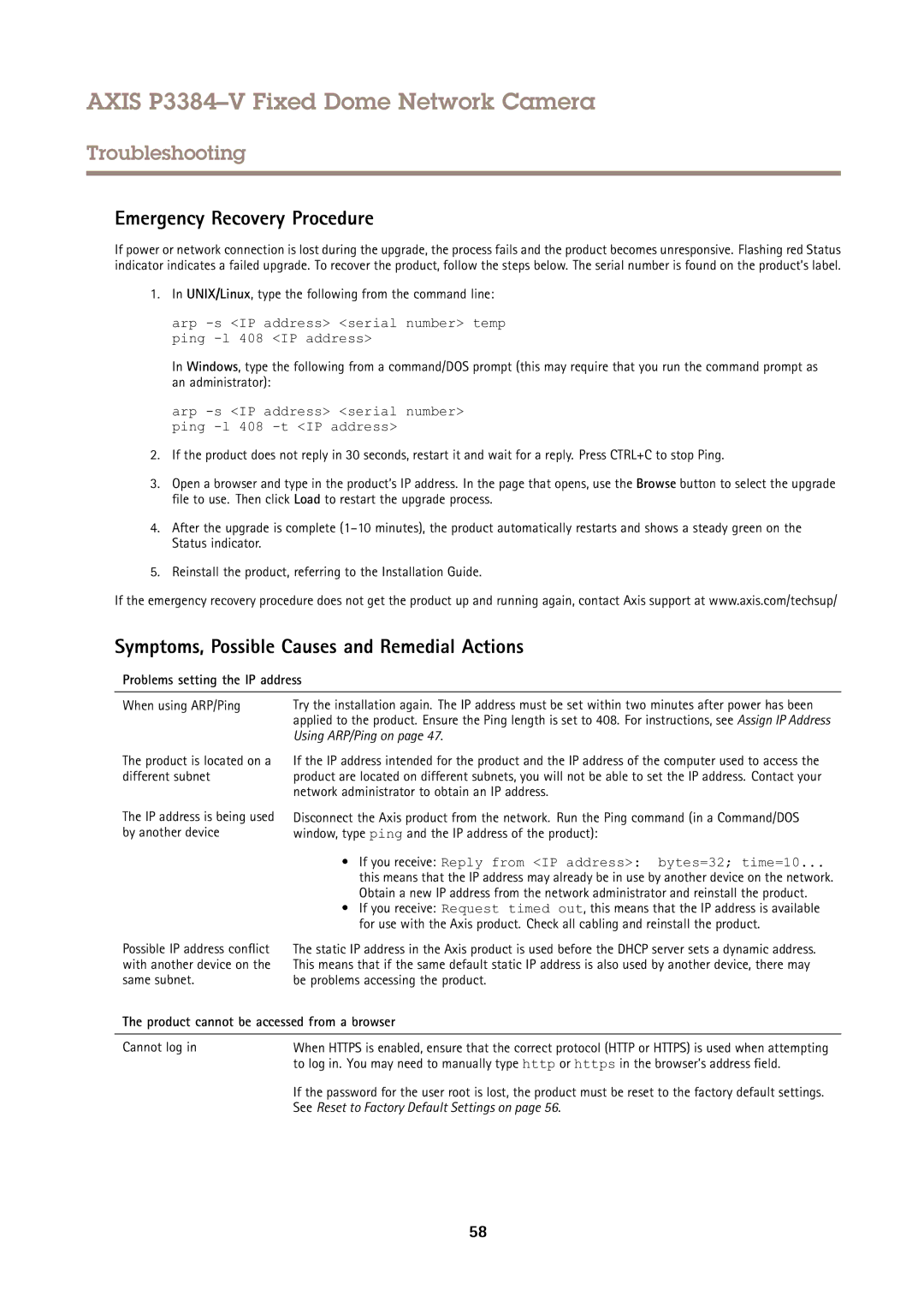 Axis Communications P3384-V user manual Emergency Recovery Procedure, Symptoms, Possible Causes and Remedial Actions 