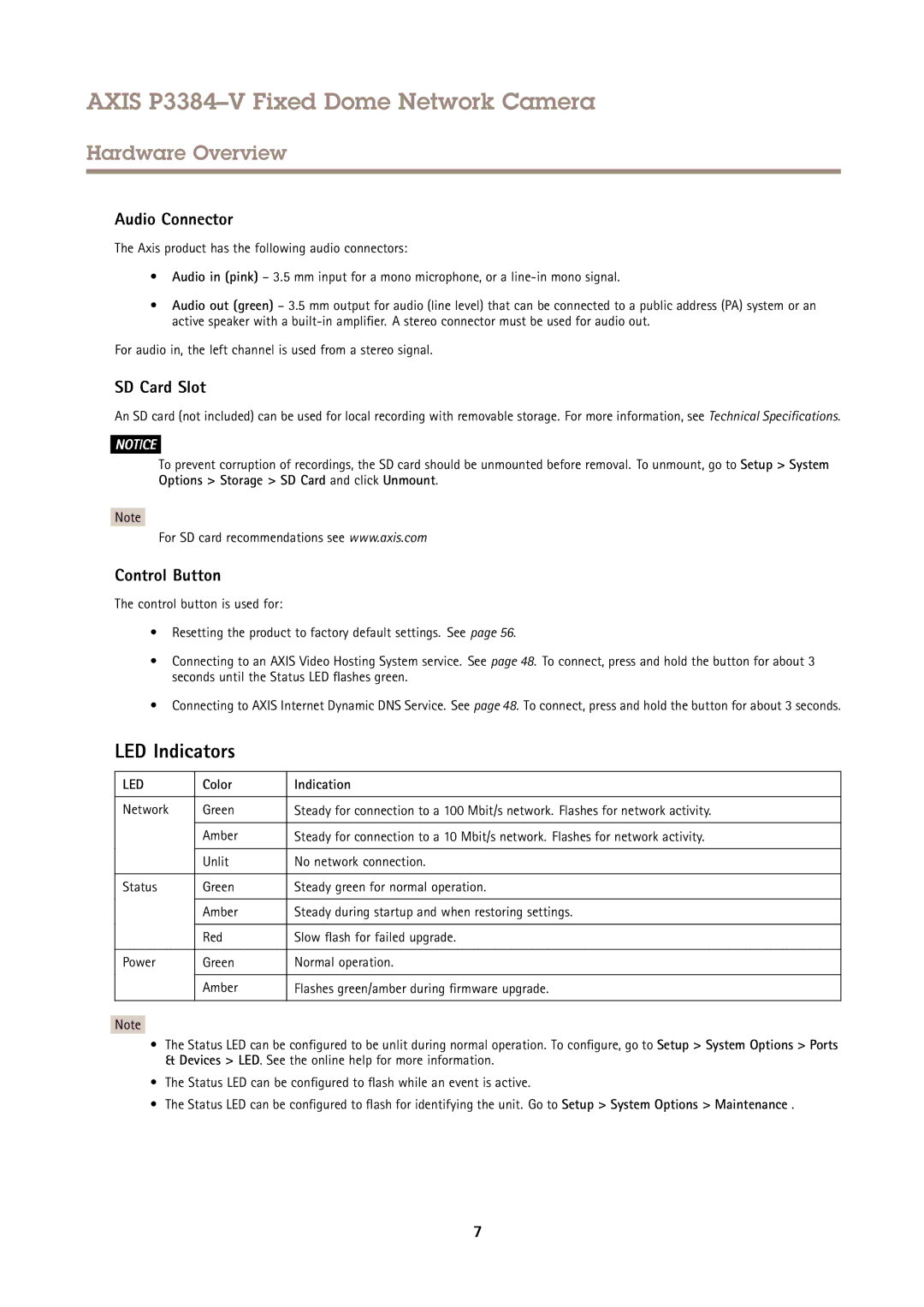 Axis Communications P3384-V user manual LED Indicators, Audio Connector, SD Card Slot, Control Button, Color Indication 