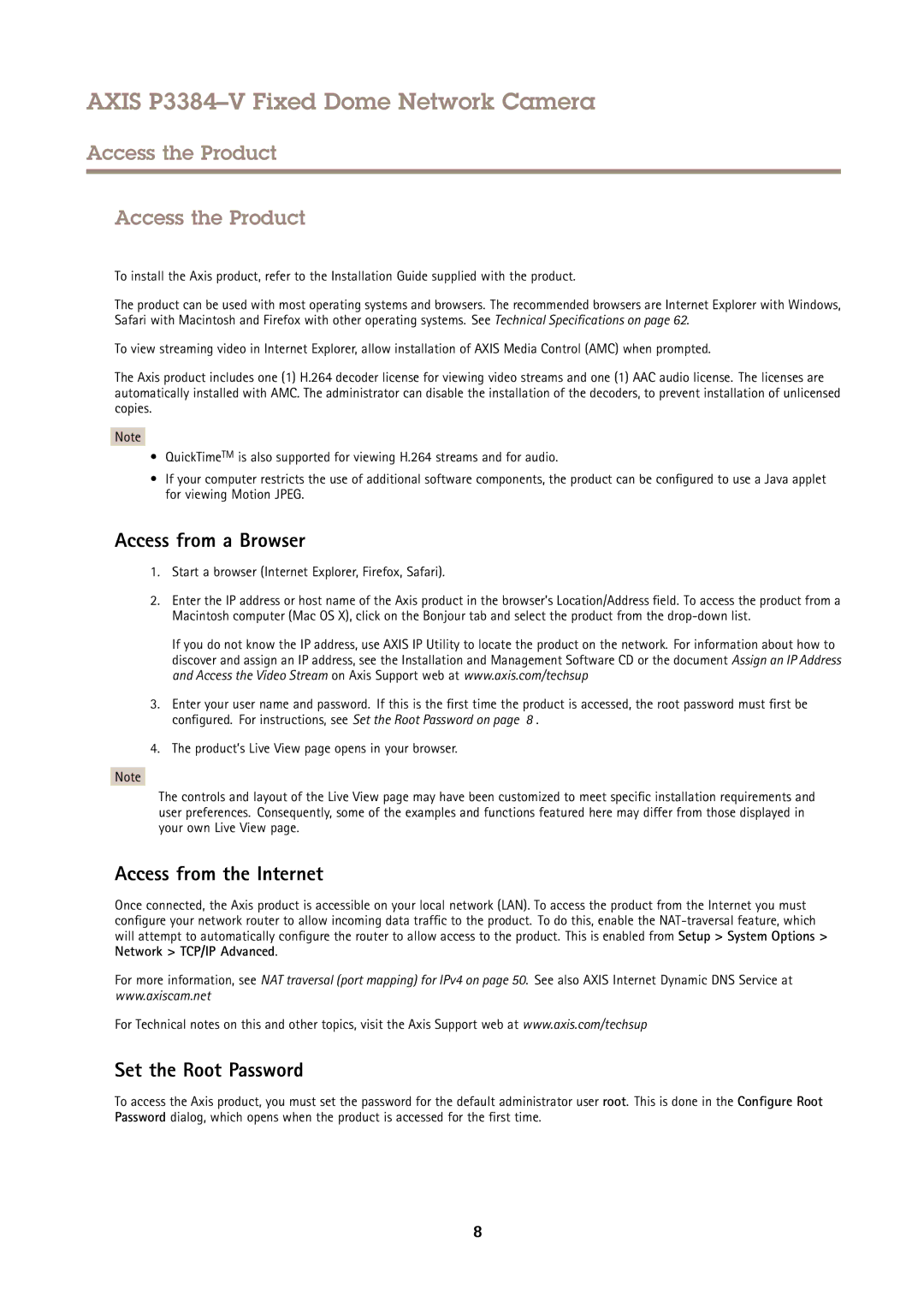 Axis Communications P3384-V Access the Product, Access from a Browser, Access from the Internet, Set the Root Password 