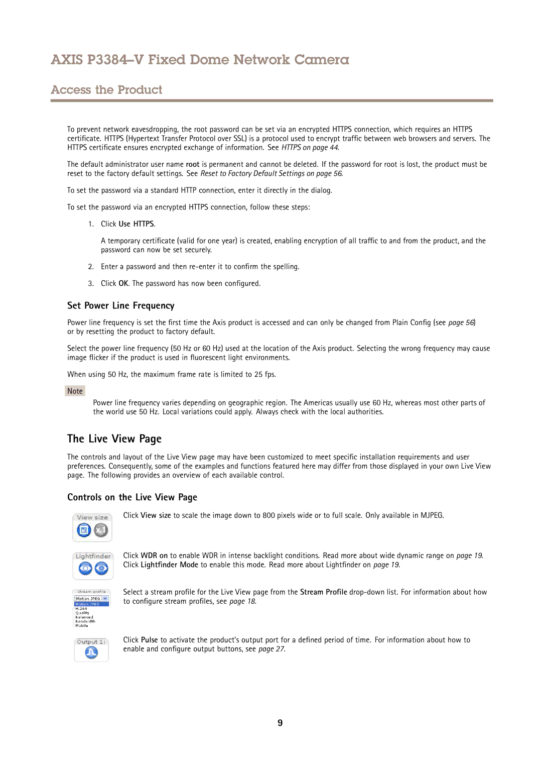 Axis Communications P3384-V user manual Set Power Line Frequency, Controls on the Live View, Click Use Https 