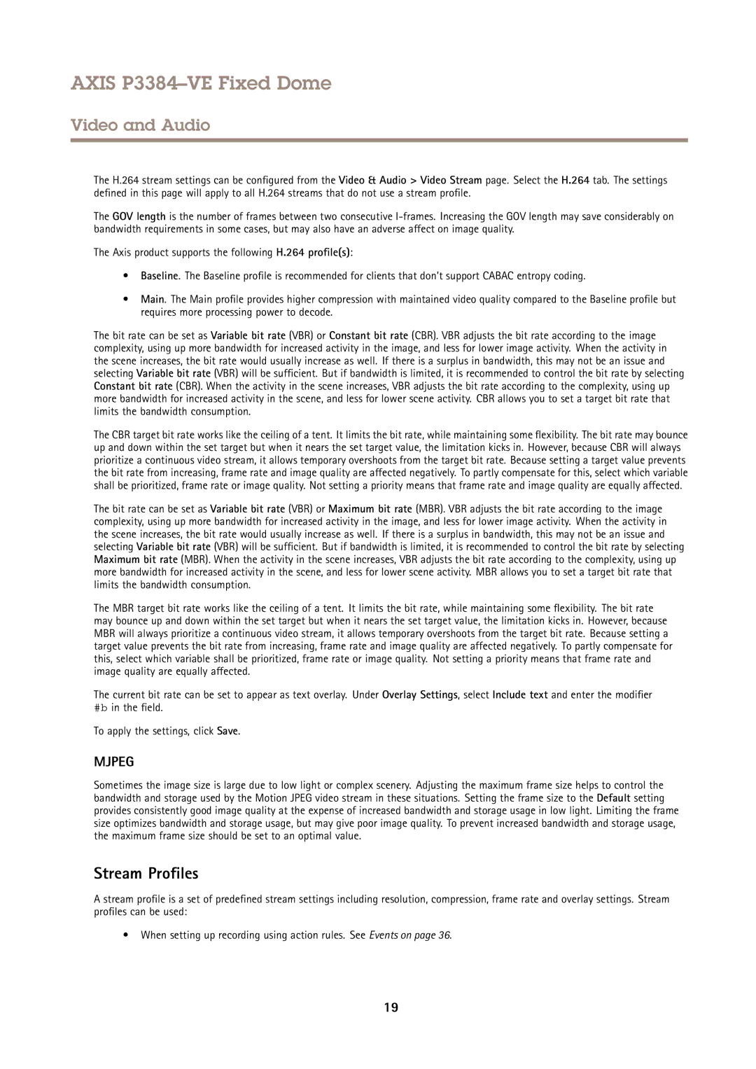 Axis Communications P3384VE user manual Stream Profiles, Mjpeg 