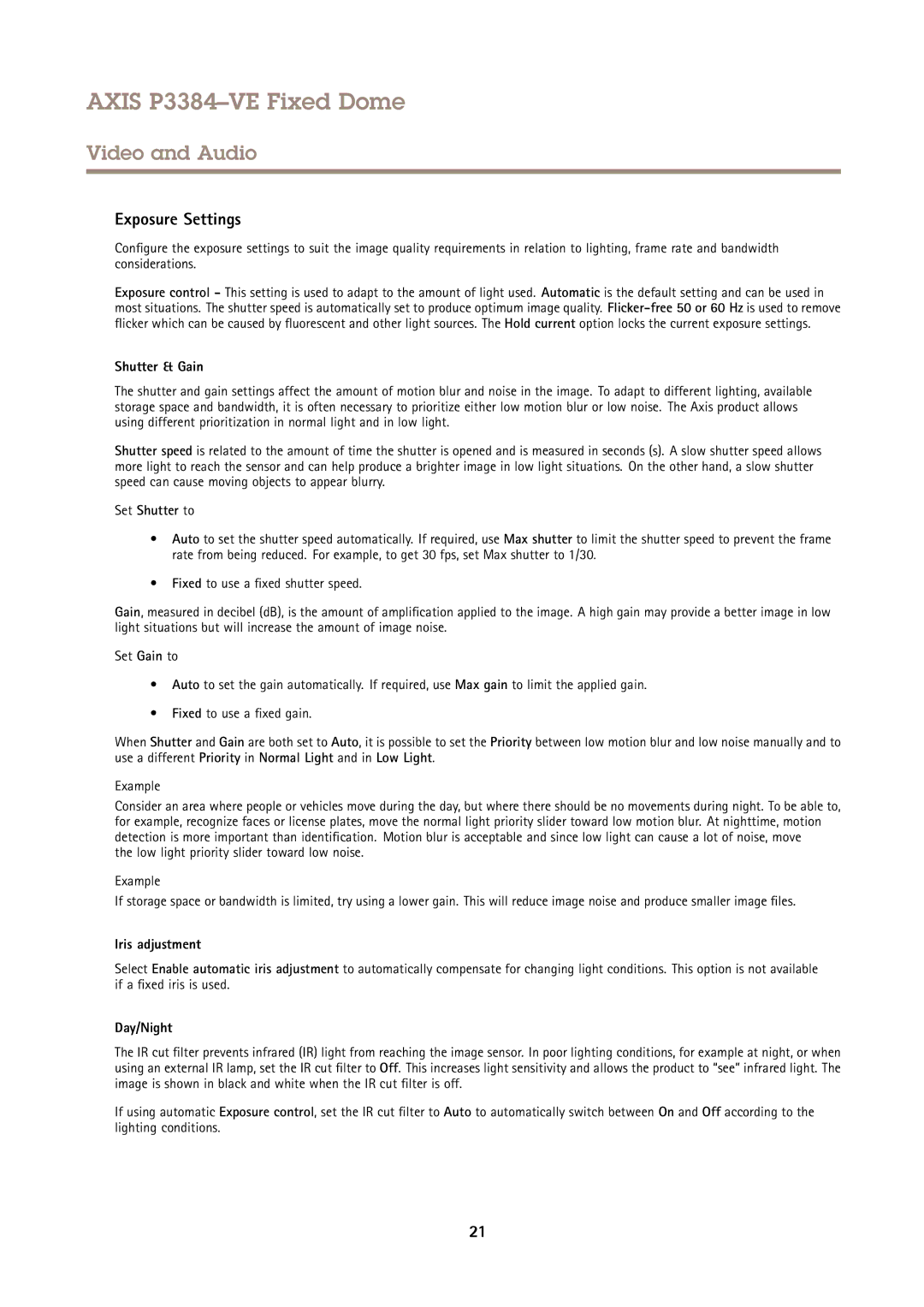 Axis Communications P3384VE user manual Exposure Settings, Shutter & Gain, Set Shutter to, Iris adjustment, Day/Night 