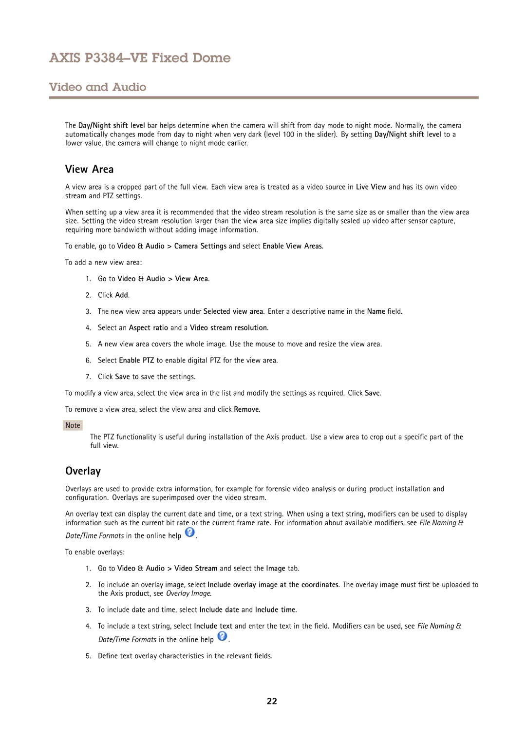 Axis Communications P3384VE user manual Overlay, Go to Video & Audio View Area 