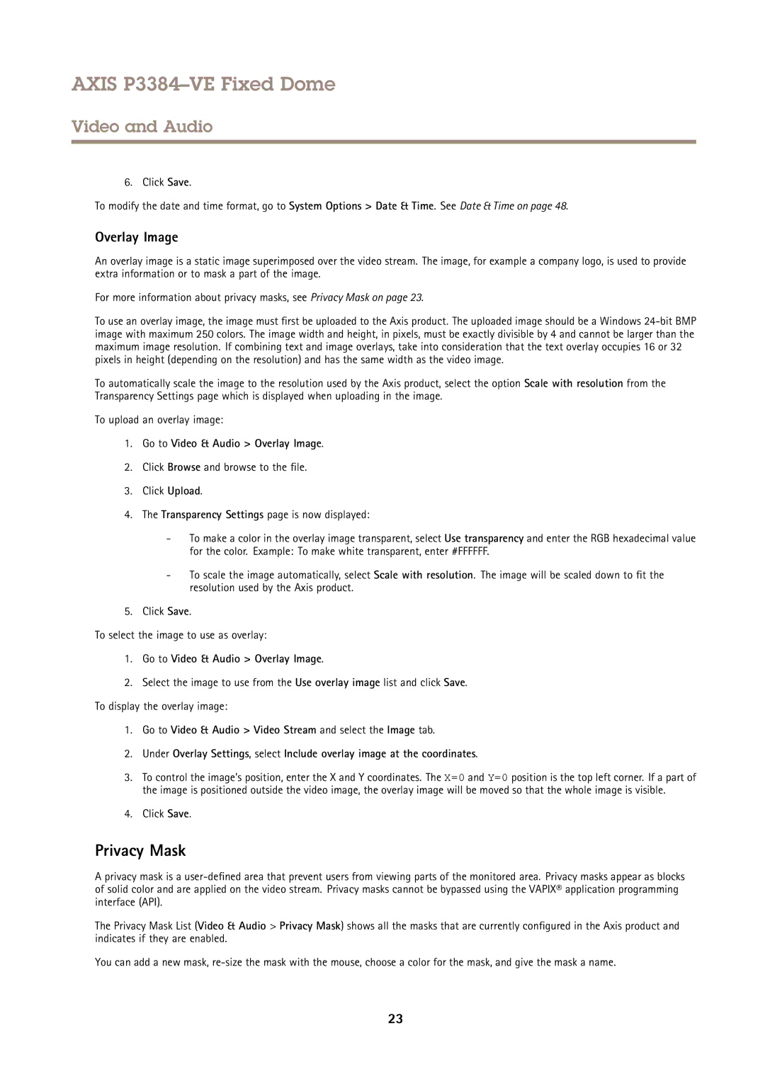 Axis Communications P3384VE user manual Privacy Mask, Go to Video & Audio Overlay Image 