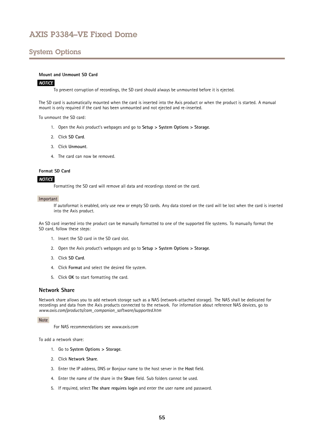 Axis Communications P3384VE user manual Network Share, Mount and Unmount SD Card, Format SD Card, To add a network share 