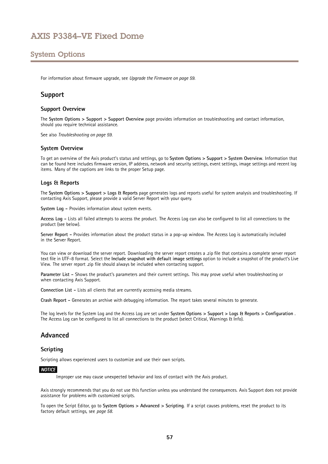 Axis Communications P3384VE user manual Support Overview, System Overview, Logs & Reports, Scripting 