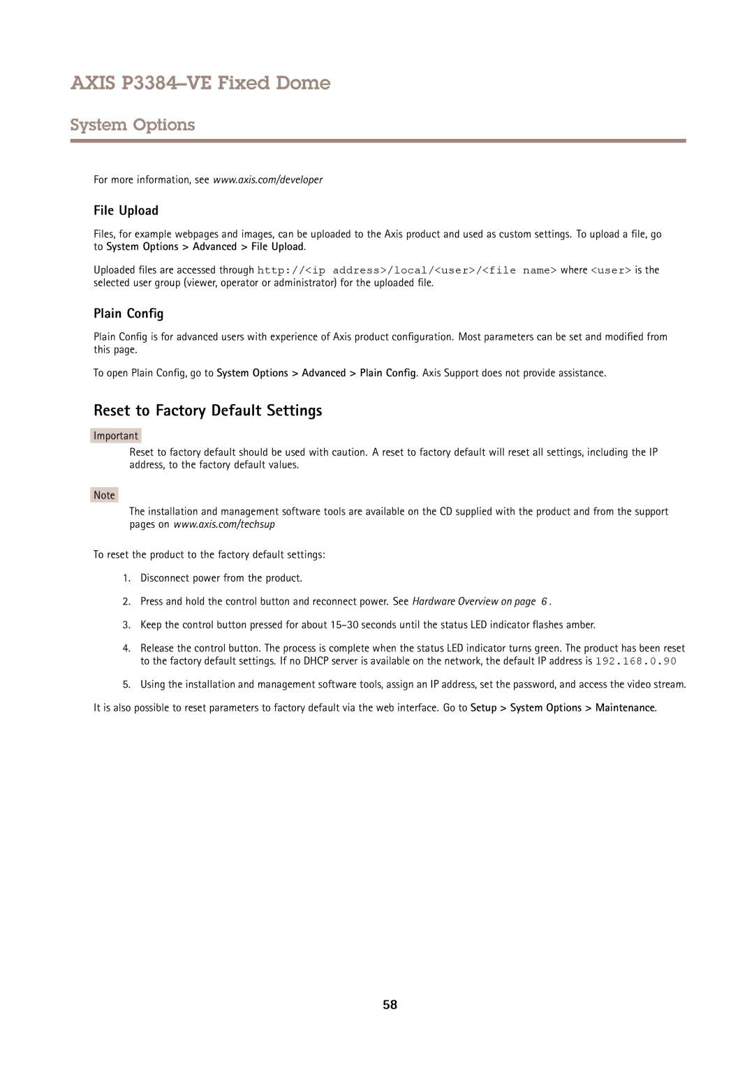 Axis Communications P3384VE user manual Reset to Factory Default Settings, File Upload, Plain Config 