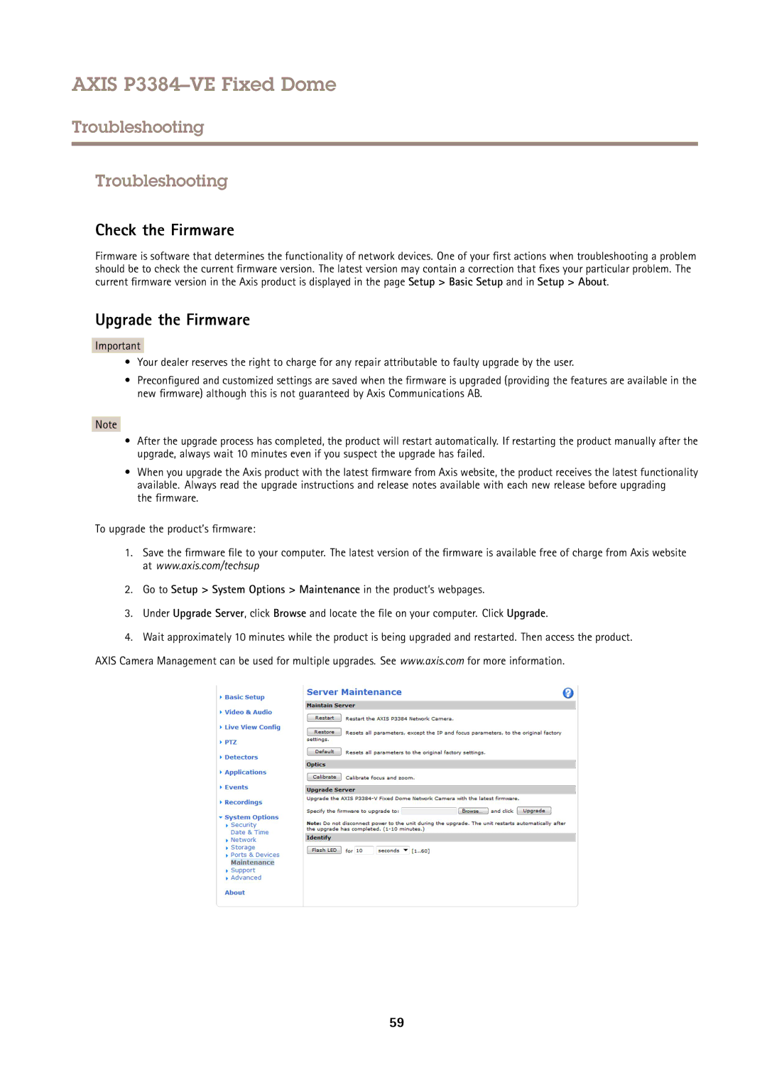 Axis Communications P3384VE user manual Troubleshooting, Check the Firmware, Upgrade the Firmware 
