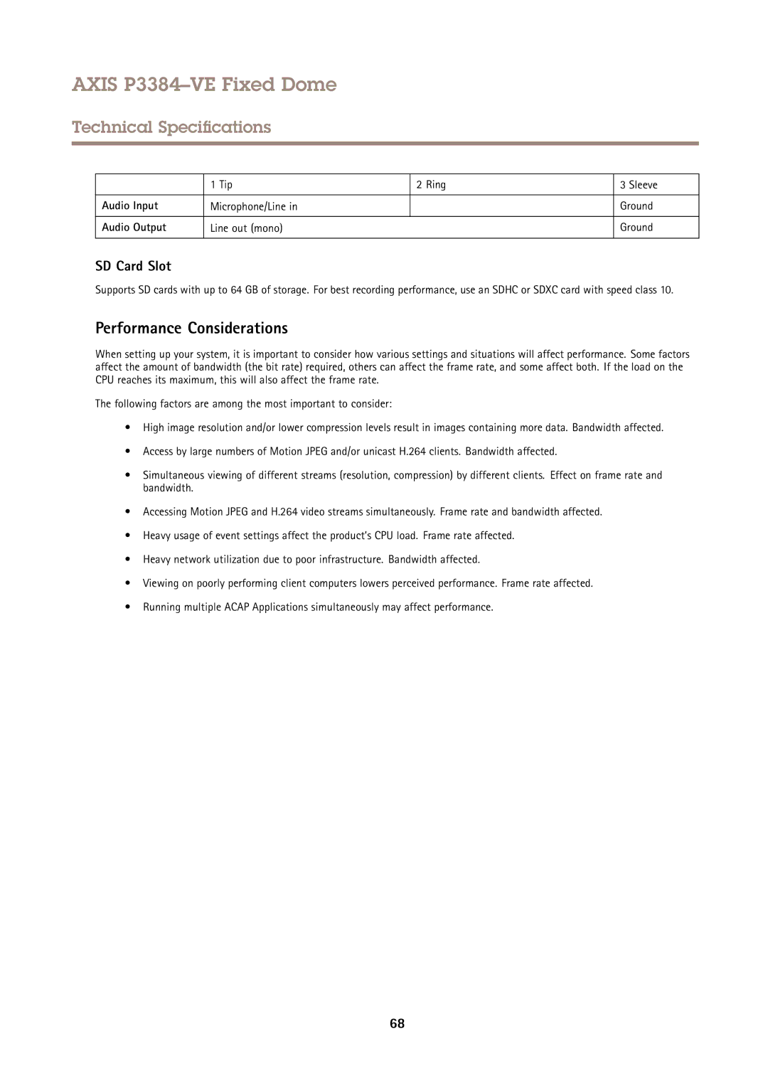 Axis Communications P3384VE user manual Performance Considerations, Audio Input, Audio Output 