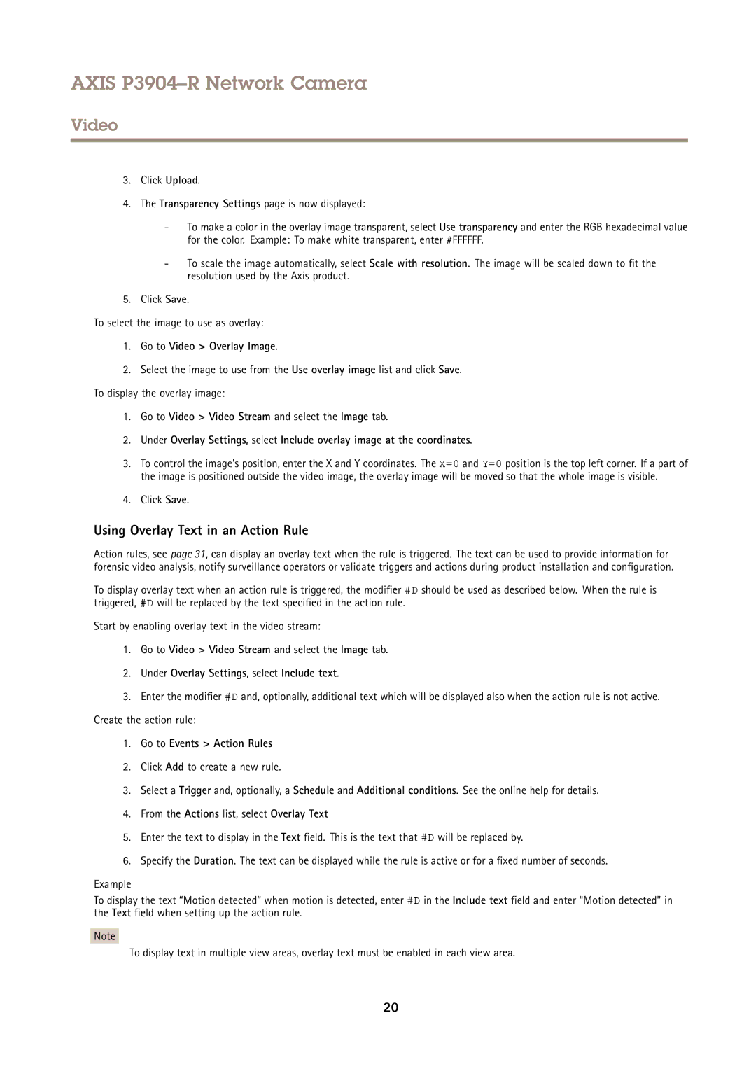 Axis Communications P3904-R user manual Using Overlay Text in an Action Rule, Go to Events Action Rules 