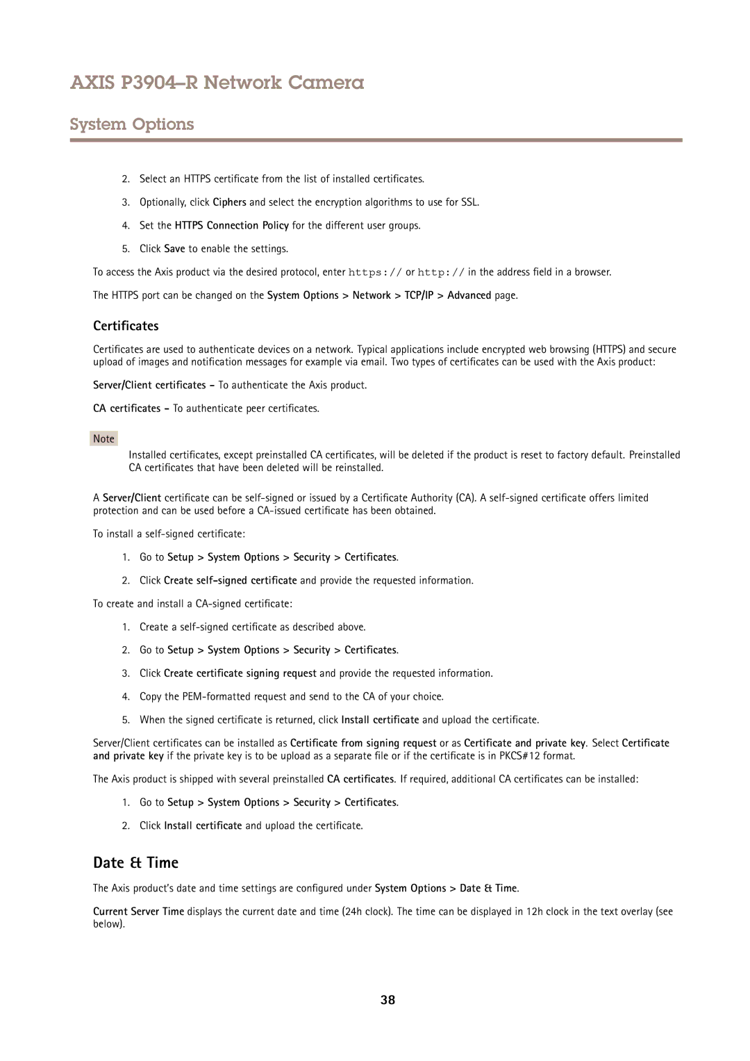 Axis Communications P3904-R user manual Date & Time, Go to Setup System Options Security Certificates 