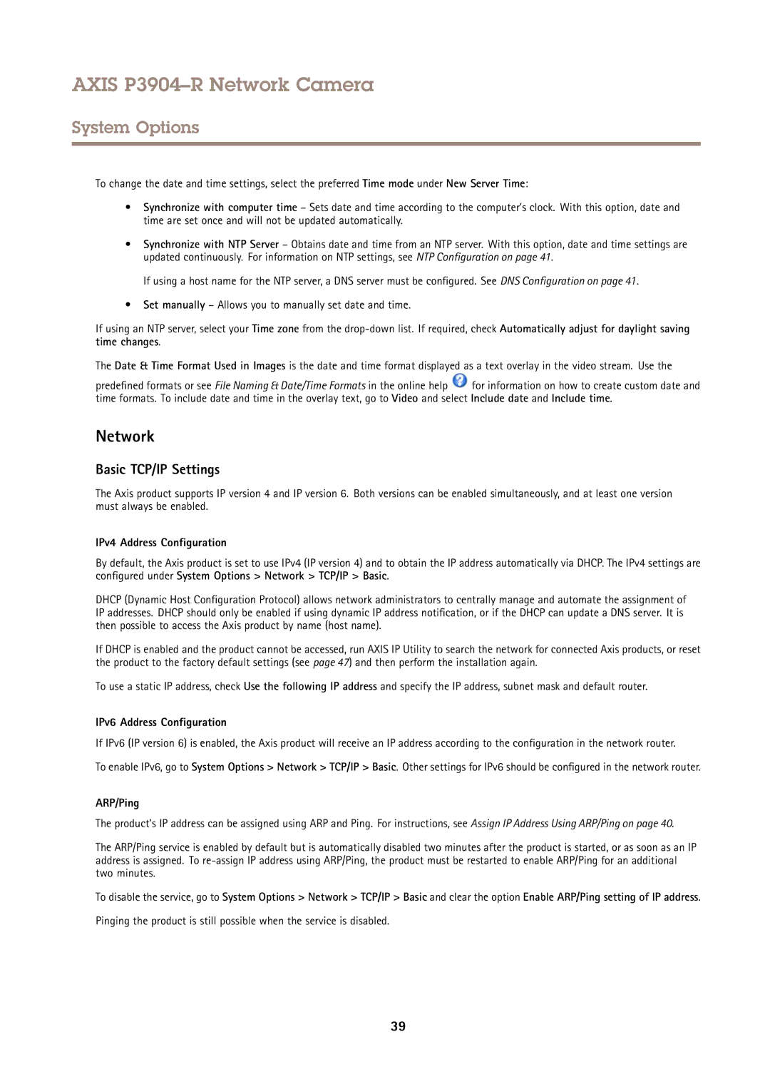 Axis Communications P3904-R Network, Basic TCP/IP Settings, IPv4 Address Configuration, IPv6 Address Configuration 