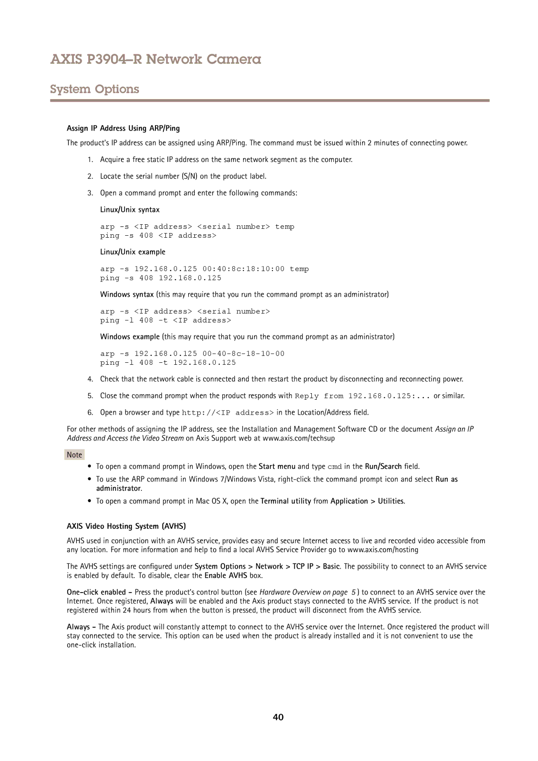 Axis Communications P3904-R user manual Assign IP Address Using ARP/Ping, Linux/Unix syntax, Linux/Unix example 