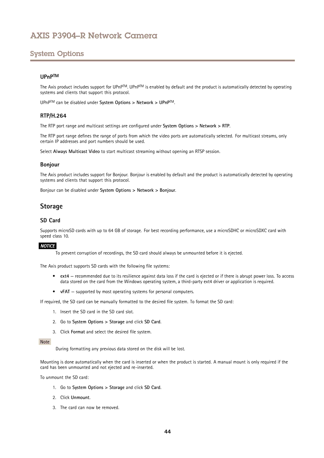 Axis Communications P3904-R user manual Storage, UPnPTM, RTP/H.264, Bonjour, SD Card 