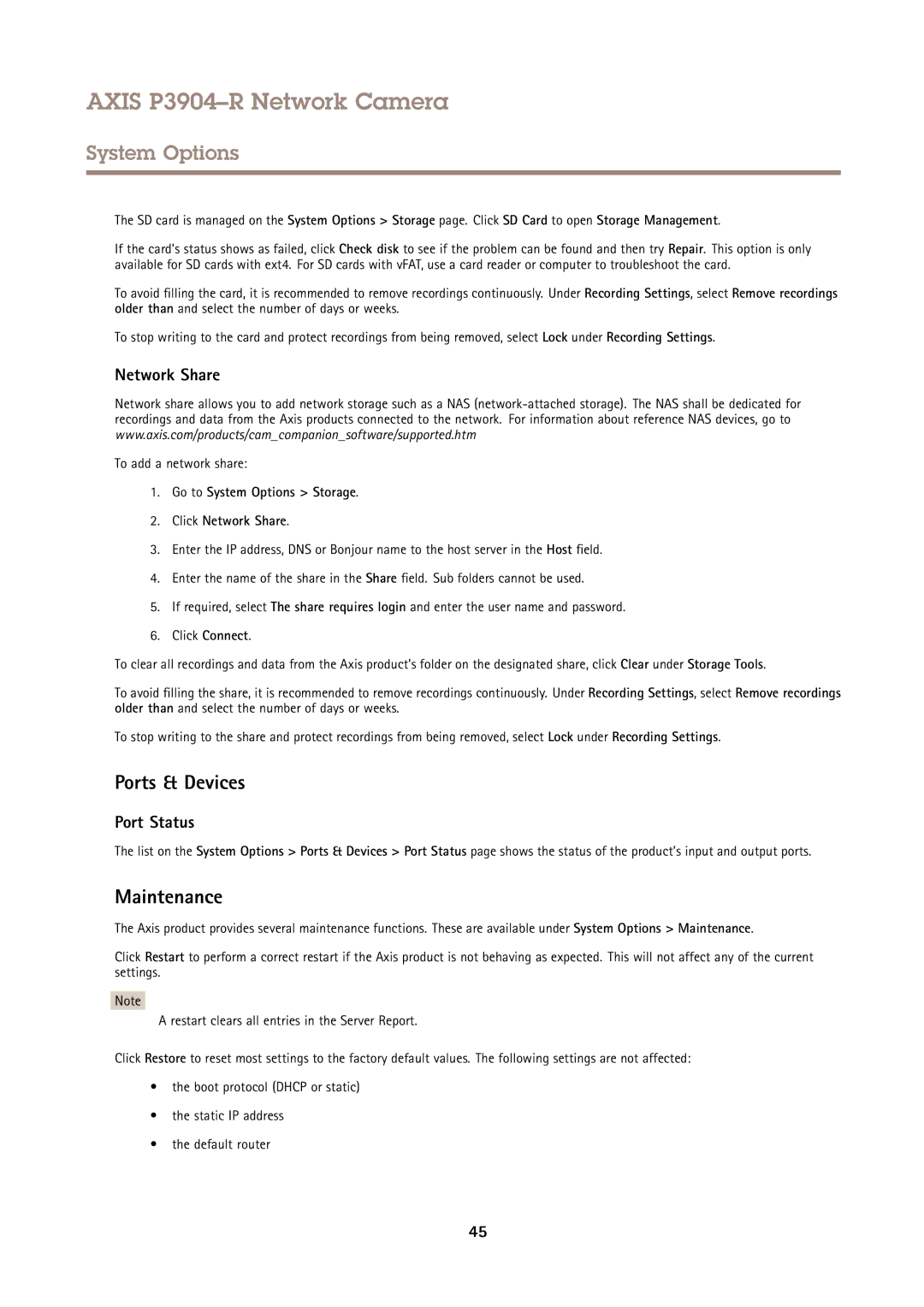 Axis Communications P3904-R user manual Ports & Devices, Maintenance, Network Share, Port Status 