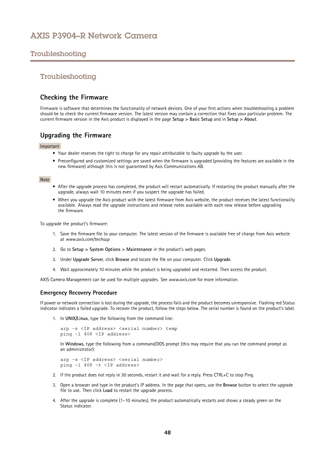 Axis Communications P3904-R Troubleshooting, Checking the Firmware, Upgrading the Firmware, Emergency Recovery Procedure 