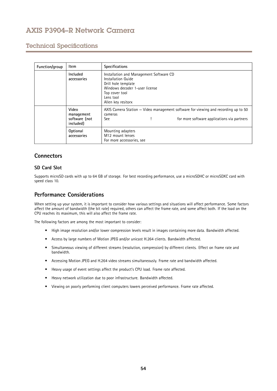 Axis Communications P3904-R user manual Connectors, Performance Considerations 