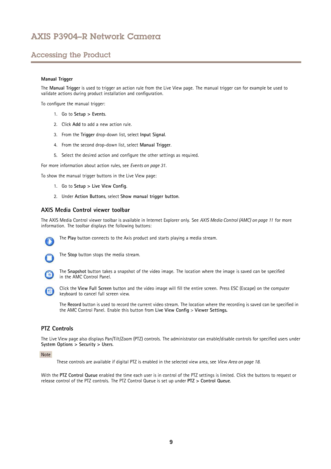 Axis Communications P3904-R user manual Axis Media Control viewer toolbar, PTZ Controls, Manual Trigger, Go to Setup Events 