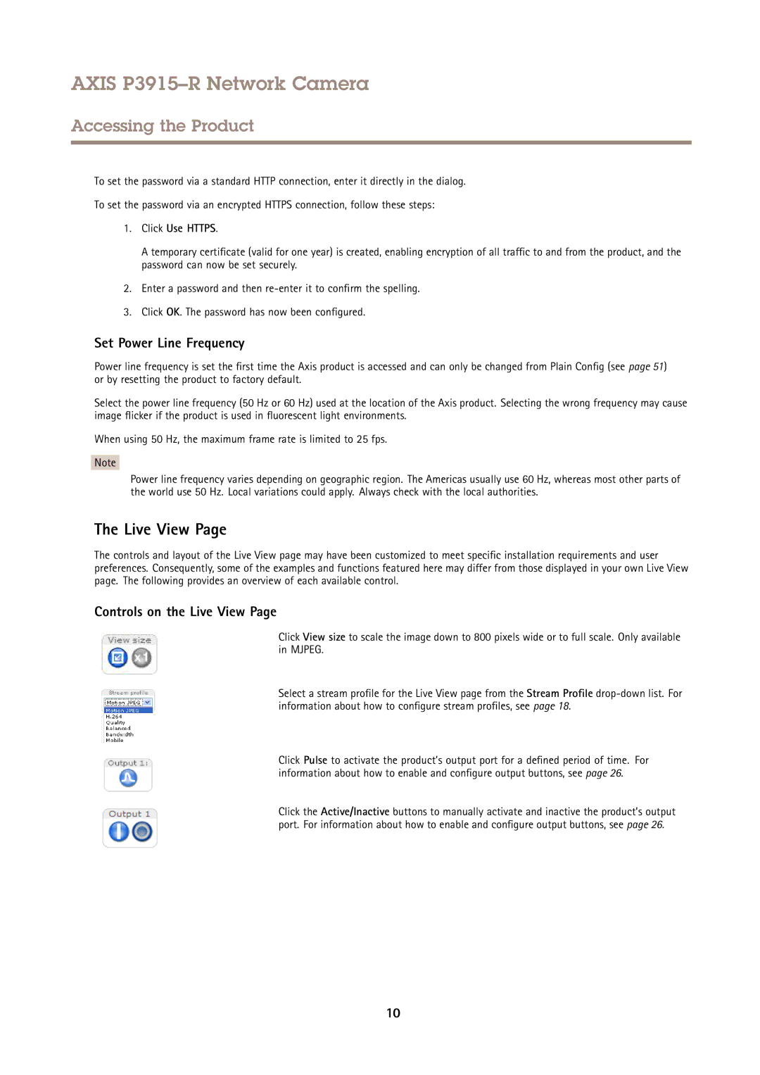 Axis Communications P3915-R user manual Set Power Line Frequency, Controls on the Live View, Click Use Https 