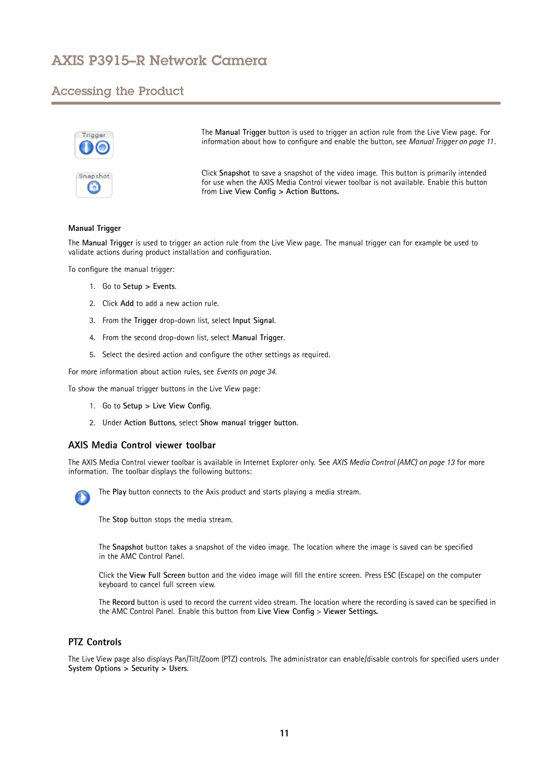 Axis Communications P3915-R user manual Axis Media Control viewer toolbar, PTZ Controls, Manual Trigger, Go to Setup Events 