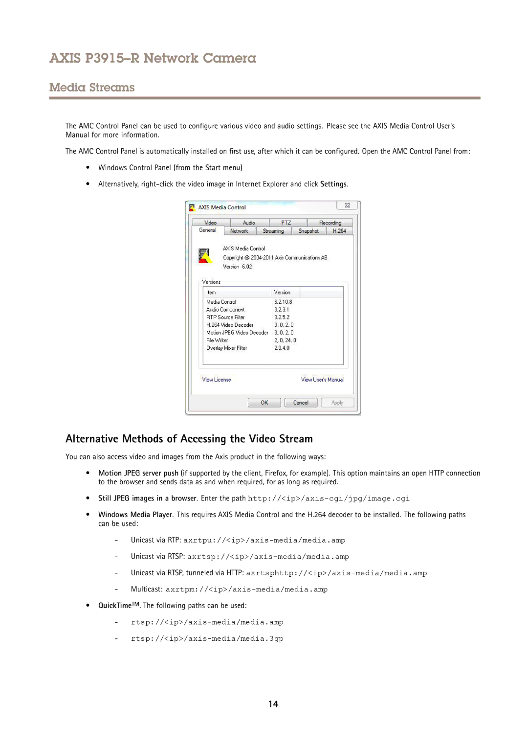 Axis Communications P3915-R user manual Alternative Methods of Accessing the Video Stream 