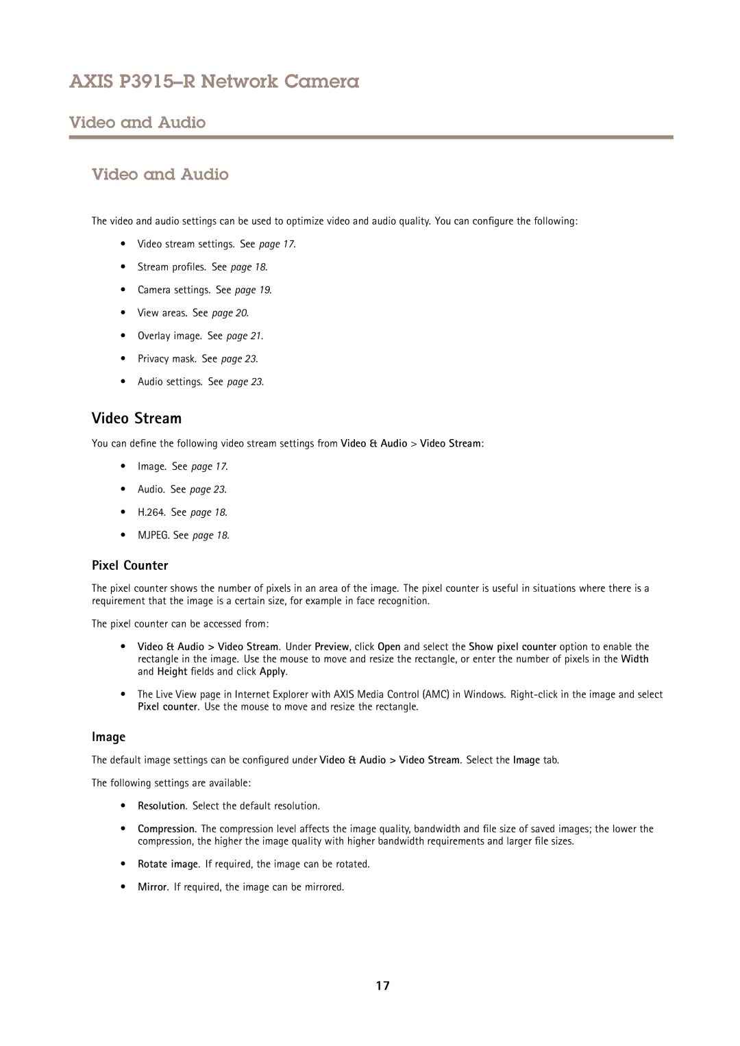 Axis Communications P3915-R user manual Video and Audio, Video Stream, Pixel Counter, Image 