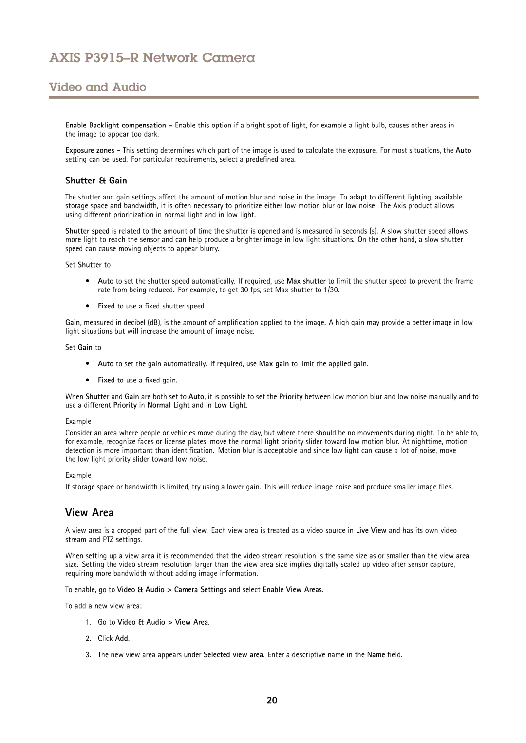 Axis Communications P3915-R user manual View Area, Shutter & Gain, Set Shutter to, To add a new view area 